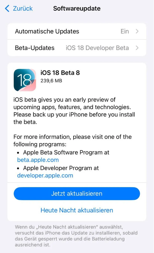 梅县苹果手机维修分享苹果 iOS / iPadOS 18 开发者预览版 Beta 8 发布 